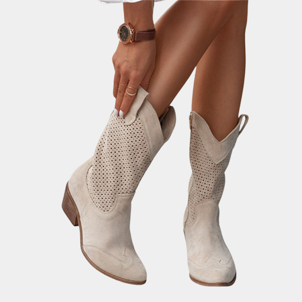 Chelsea | Damen Perforierte Mid-Calf Stiefel mit Blockabsatz