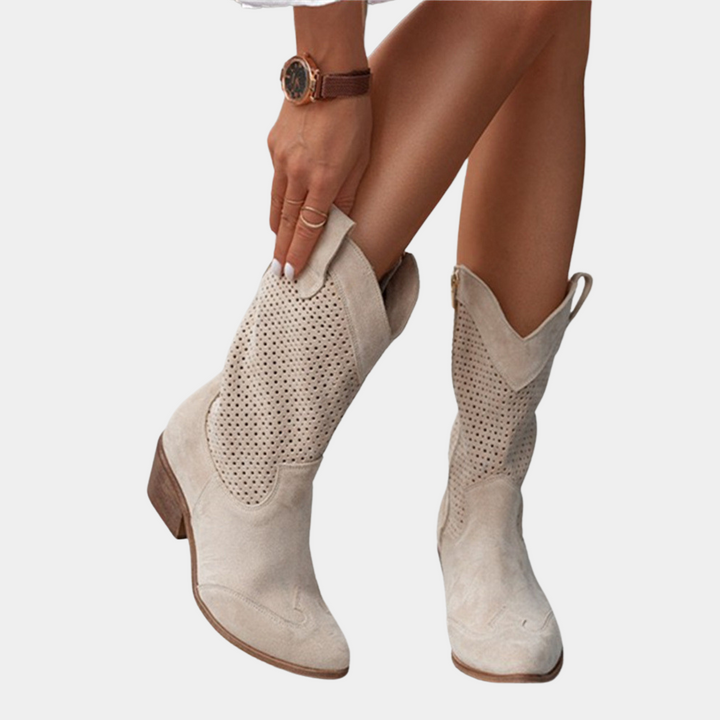 Chelsea | Damen Perforierte Mid-Calf Stiefel mit Blockabsatz