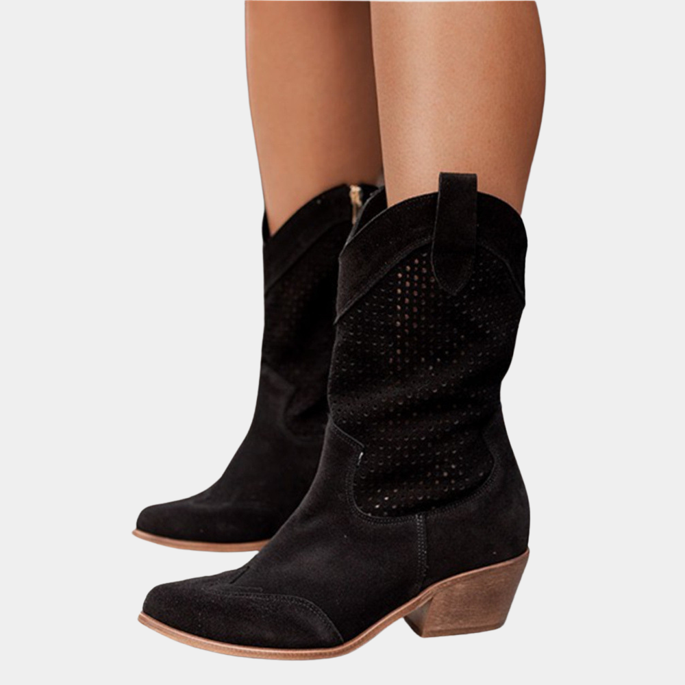 Chelsea | Damen Perforierte Mid-Calf Stiefel mit Blockabsatz