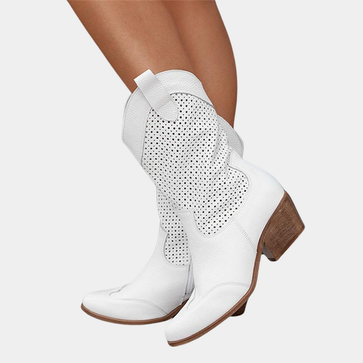 Chelsea | Damen Perforierte Mid-Calf Stiefel mit Blockabsatz