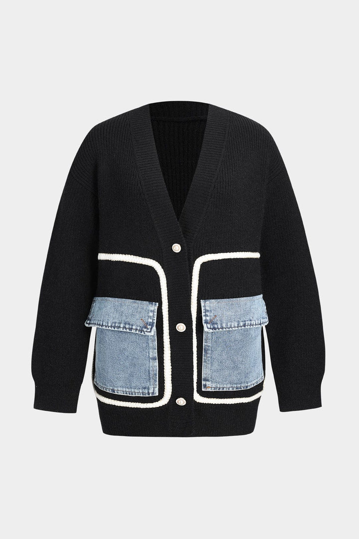 Ella | Zwarte gebreide cardigan met denim patches – De perfecte mix van comfort en stijl