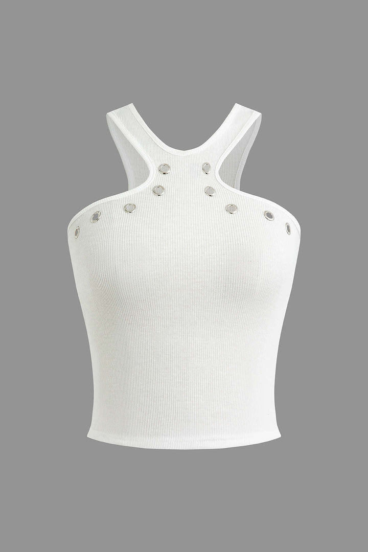Darlene | Witte Geribbelde Tanktop met Cut-Outs & Nieten