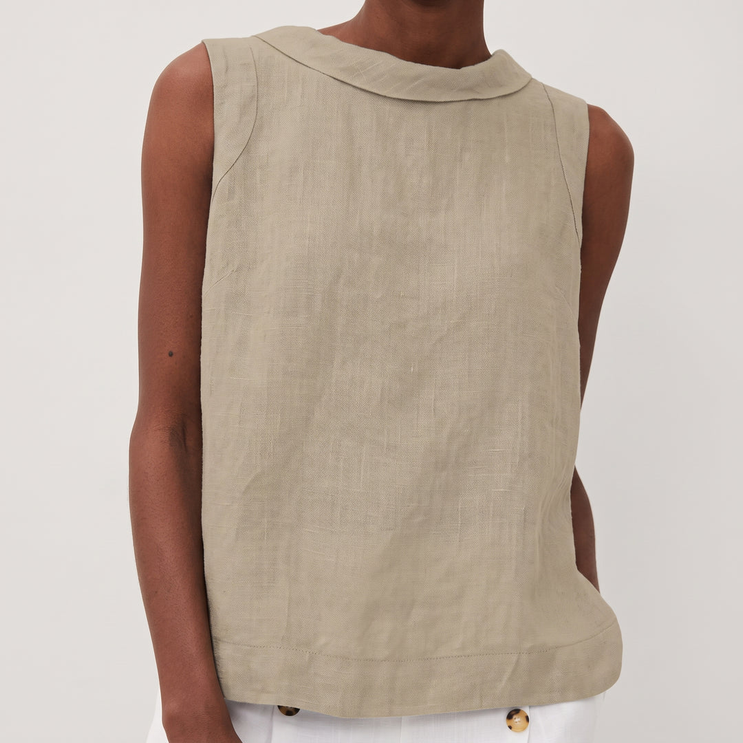 Sara | Damen Ärmellose Leinenbluse Rollkragen