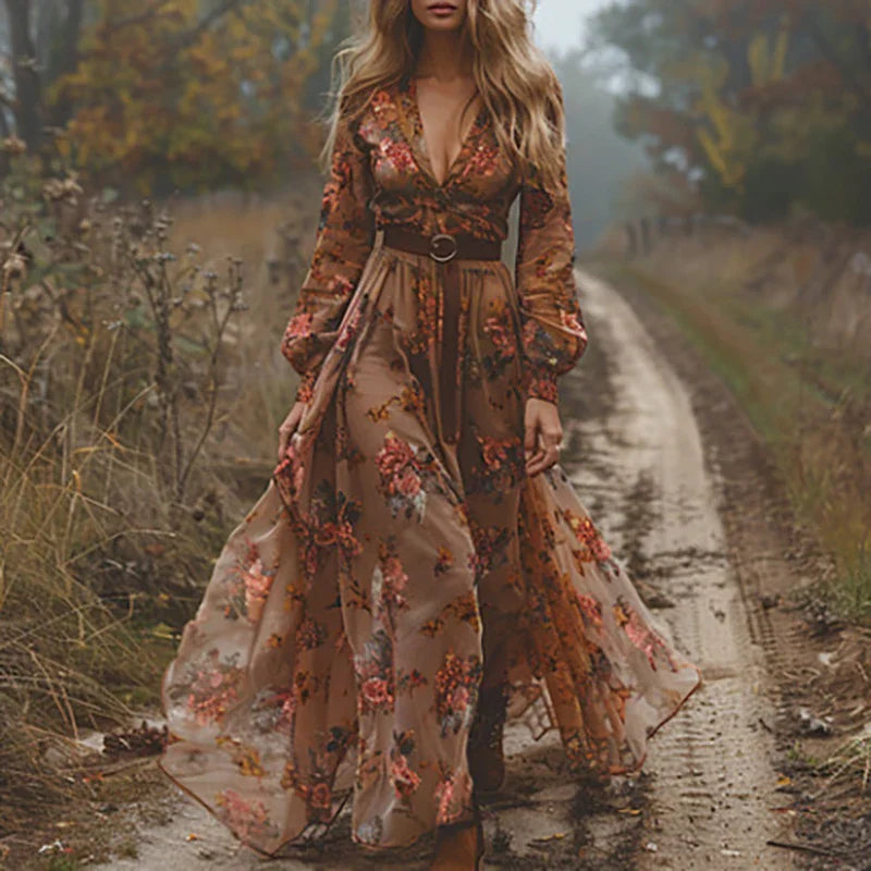 Eleanor | Damen Blumen Maxikleid mit langen Ärmeln