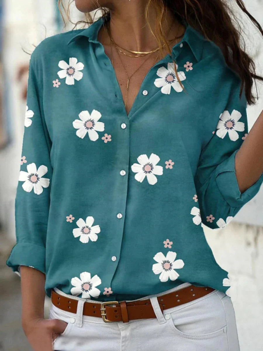 Madelyn | Dames Bloemen Knoop-omhoog Lange Mouw Shirt Top