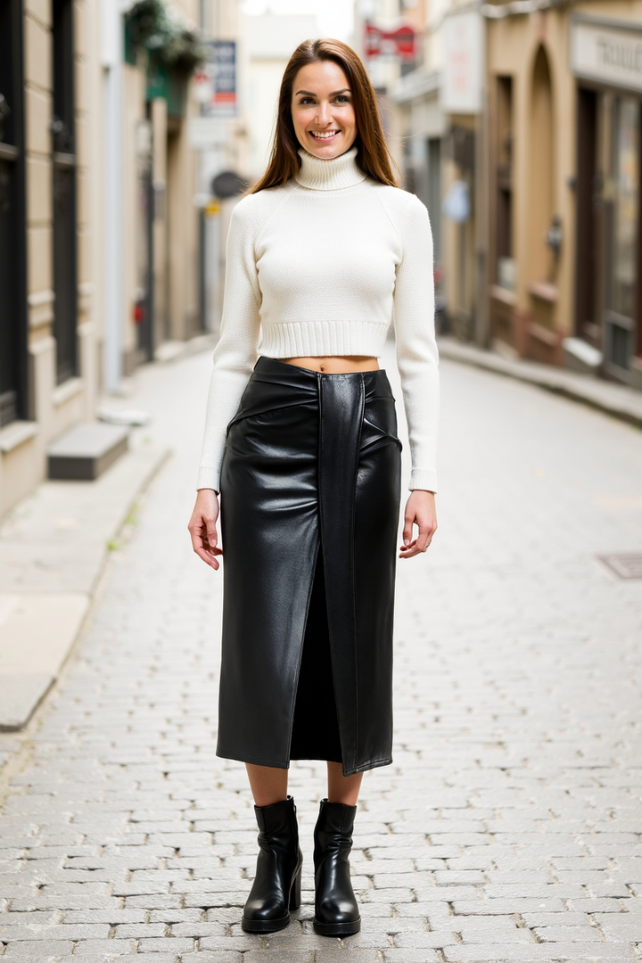 Dorle | Elegante kunstlederen midi-rok met wikkeloptiek en hoge split