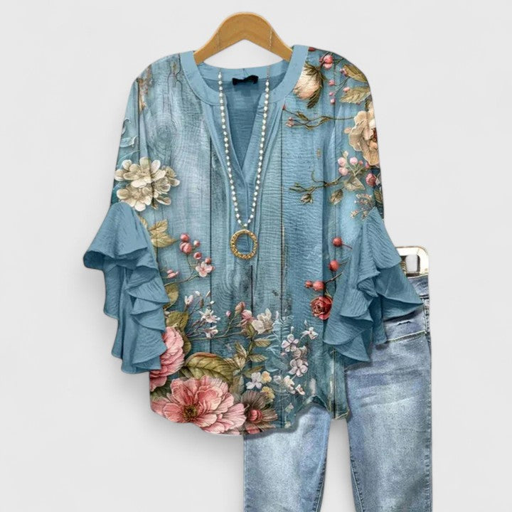 Phoebe | Dames Bloemen Ruffle Mouwen Casual Top