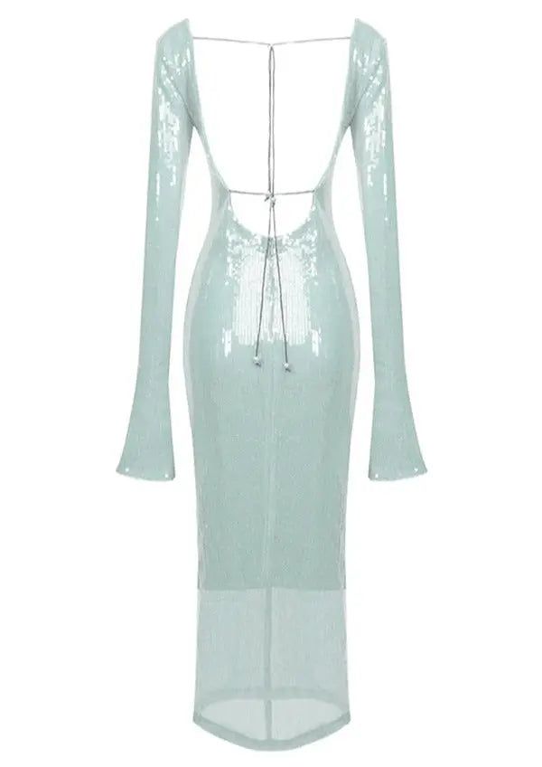 Maya | Spitze Front Lange Mouwen Mintgroene Glitters Jurk Dames