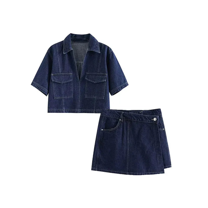 Damen-Denim-Set – Jeansjacke mit kurzen Ärmeln & asymmetrischer Minirock