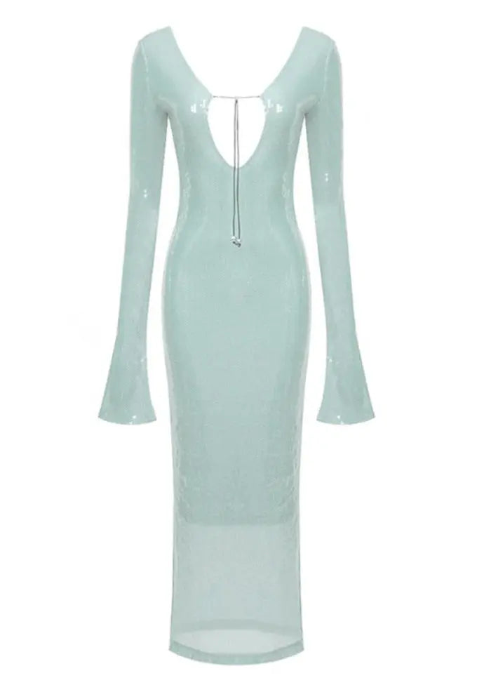Maya | Spitze Front Lange Mouwen Mintgroene Glitters Jurk Dames