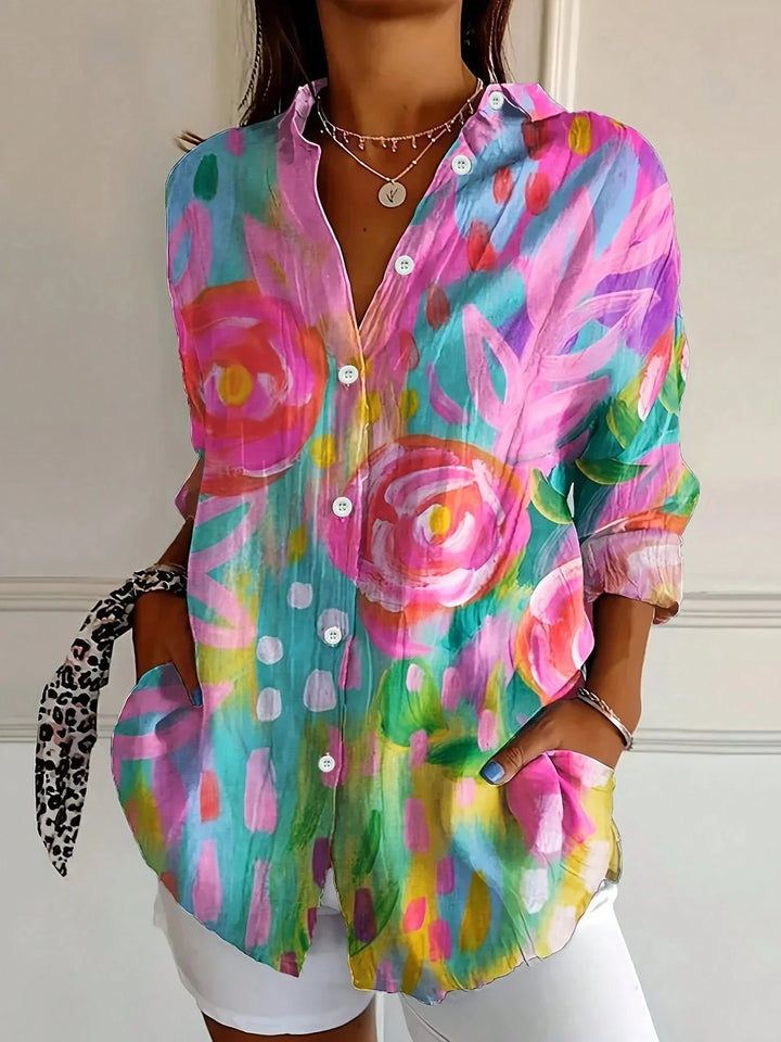 Alicia | Damen Bunte Blumen Bluse mit Knopfleiste vorne