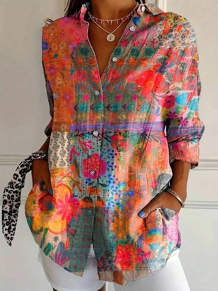 Alicia | Damen Bunte Blumen Bluse mit Knopfleiste vorne