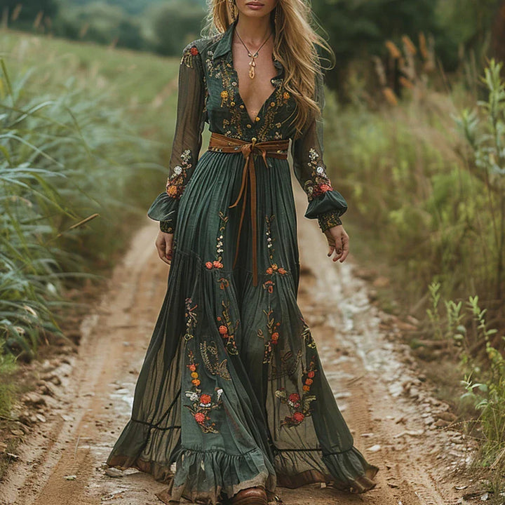 Eleanor | Damen Blumen Maxikleid mit langen Ärmeln