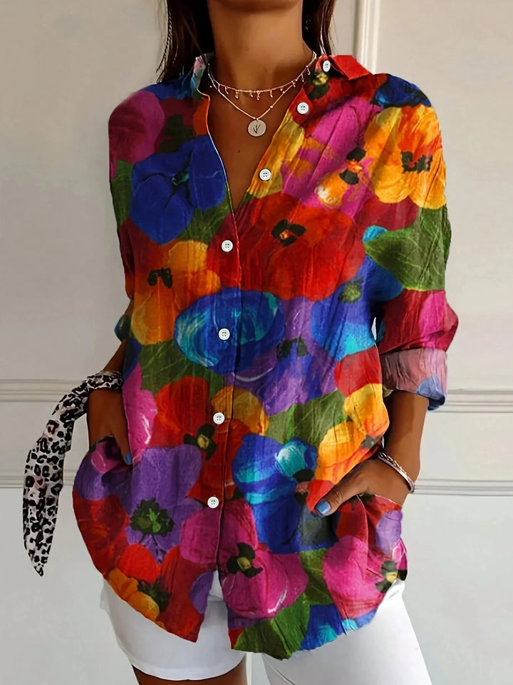 Alicia | Damen Bunte Blumen Bluse mit Knopfleiste vorne