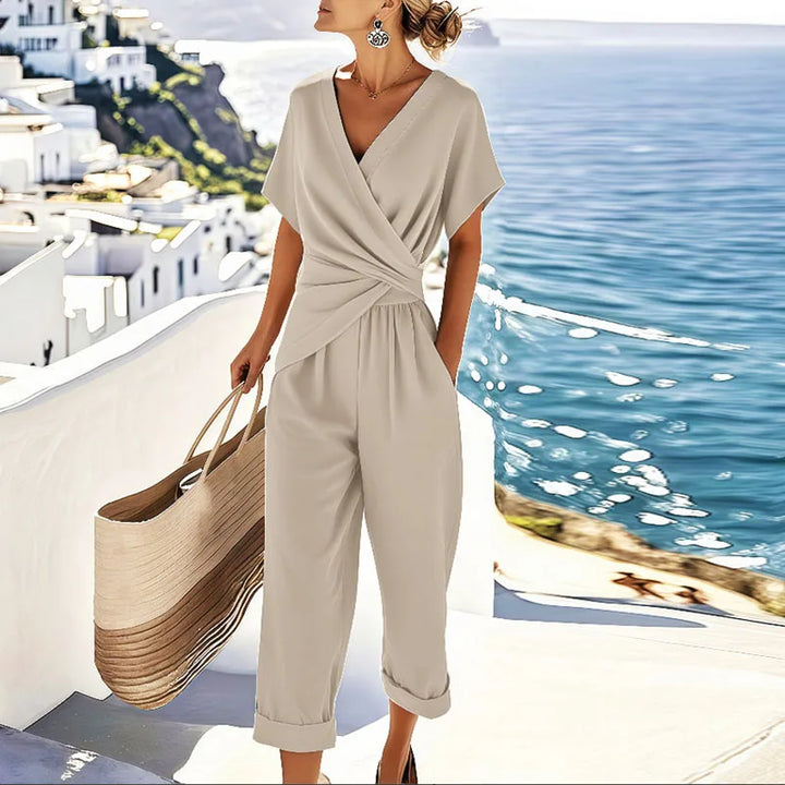 Estelle | Dames Casual Korte Mouw V Hals Jumpsuit