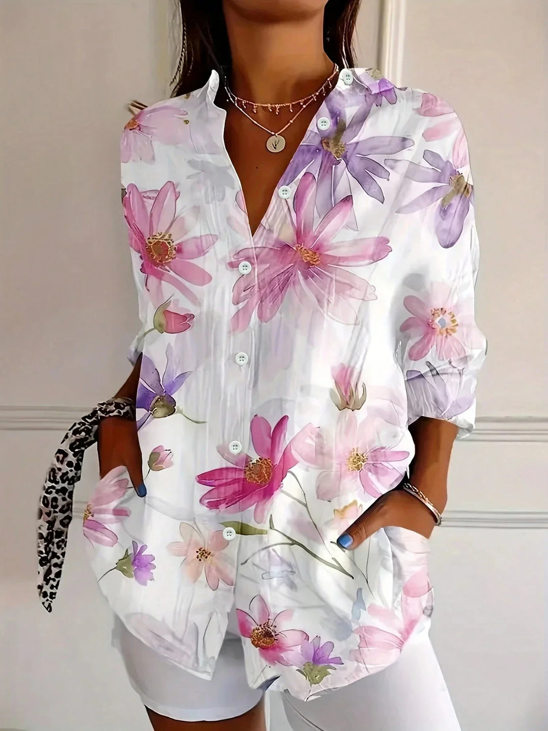 Alicia | Damen Bunte Blumen Bluse mit Knopfleiste vorne