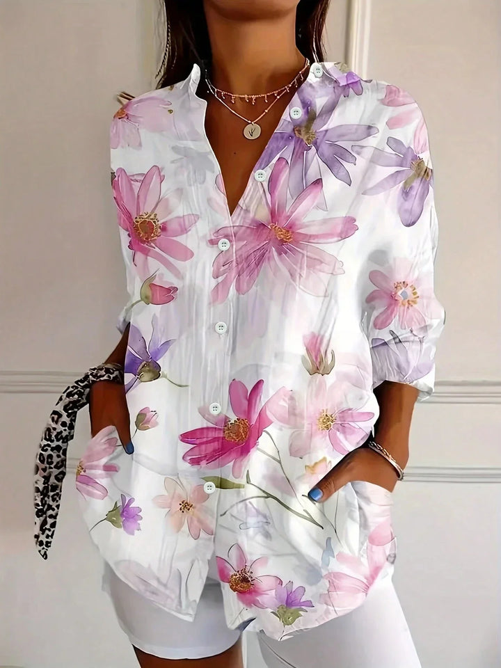 Alicia | Damen Bunte Blumen Bluse mit Knopfleiste vorne