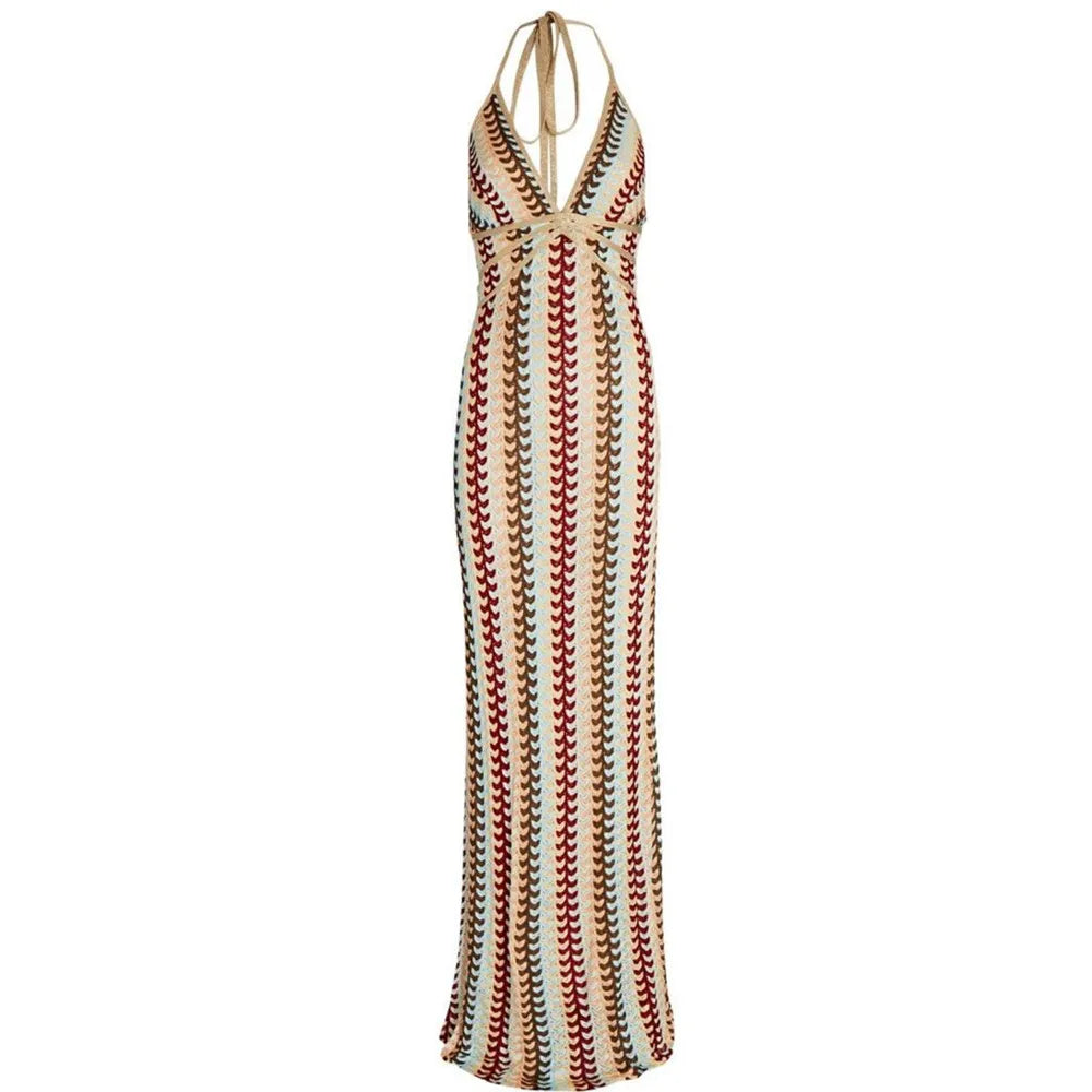 Boho Maxijurk met Retro Golfpatroon & Halter – Rugloos & Figuuraccentuerend