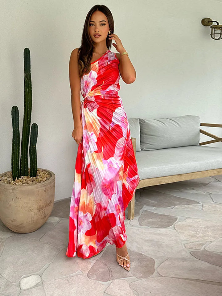 Plissé One-Shoulder Jurk met Bloemenpatroon – Elegant & Vrouwelijk