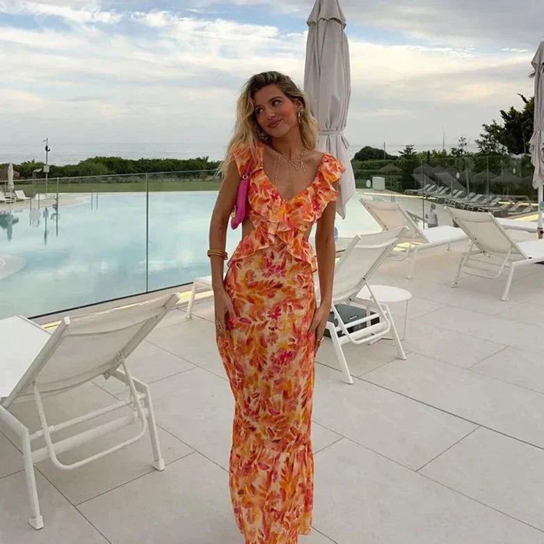 Maxi-jurk met ruches en bloemenpatroon – stijlvolle zomerlook met vrouwelijke toets