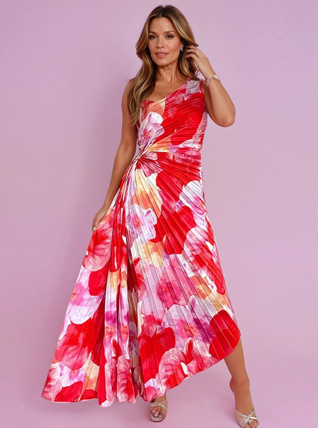Plissé One-Shoulder Jurk met Bloemenpatroon – Elegant & Vrouwelijk