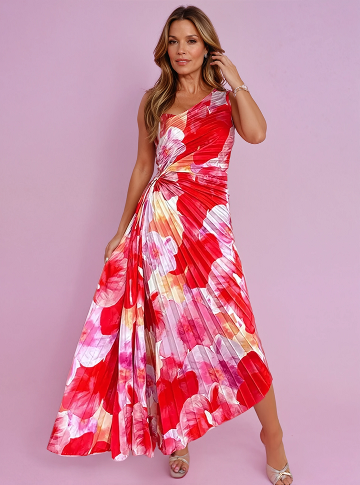 Plissé One-Shoulder Jurk met Bloemenpatroon – Elegant & Vrouwelijk