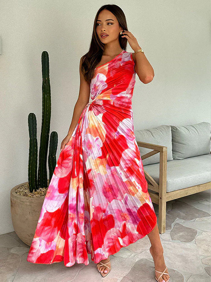 Plissee One-Shoulder Kleid mit Blumenmuster – Elegant & Feminin
