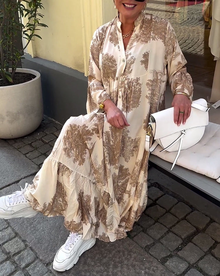 Maxi-jurk met print, volantmouwen & staande kraag – Stijlvol & Luchtig