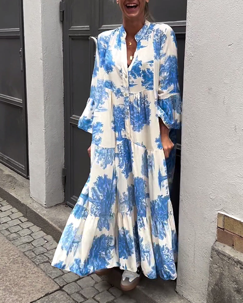 Maxi-jurk met print, volantmouwen & staande kraag – Stijlvol & Luchtig