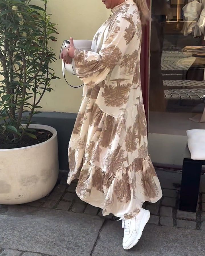 Maxi-jurk met print, volantmouwen & staande kraag – Stijlvol & Luchtig