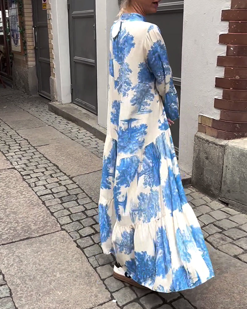 Maxi-jurk met print, volantmouwen & staande kraag – Stijlvol & Luchtig