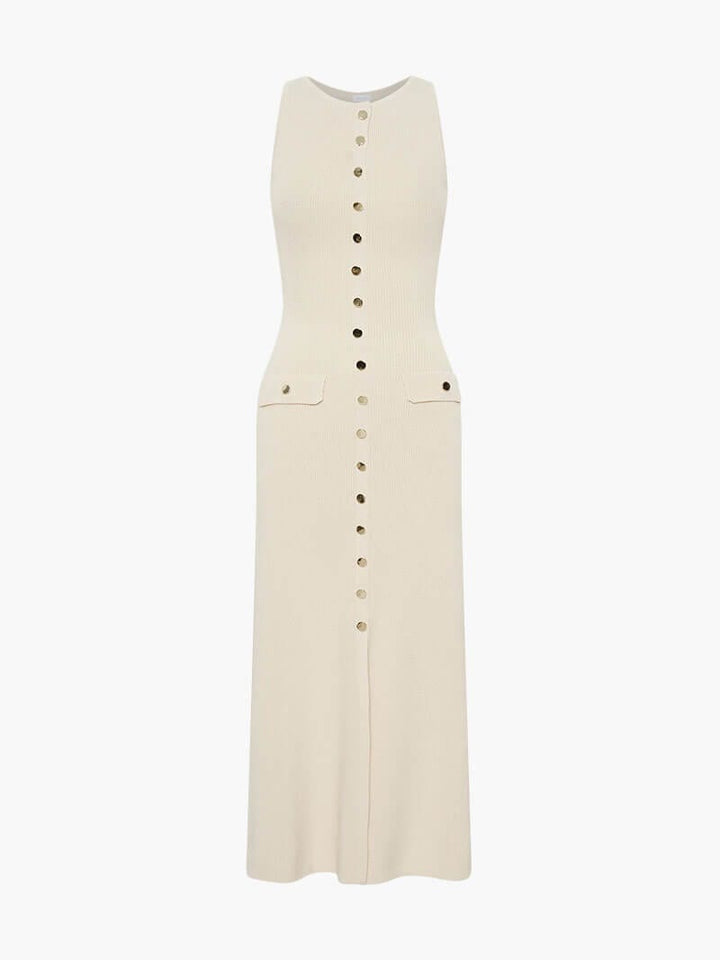 Rosamund | Elegante Knopdetail Mouwloze Maxijurk – Tijdloze Klasse & Raffinement