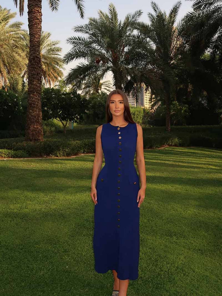 Rosamund | Elegante Knopdetail Mouwloze Maxijurk – Tijdloze Klasse & Raffinement