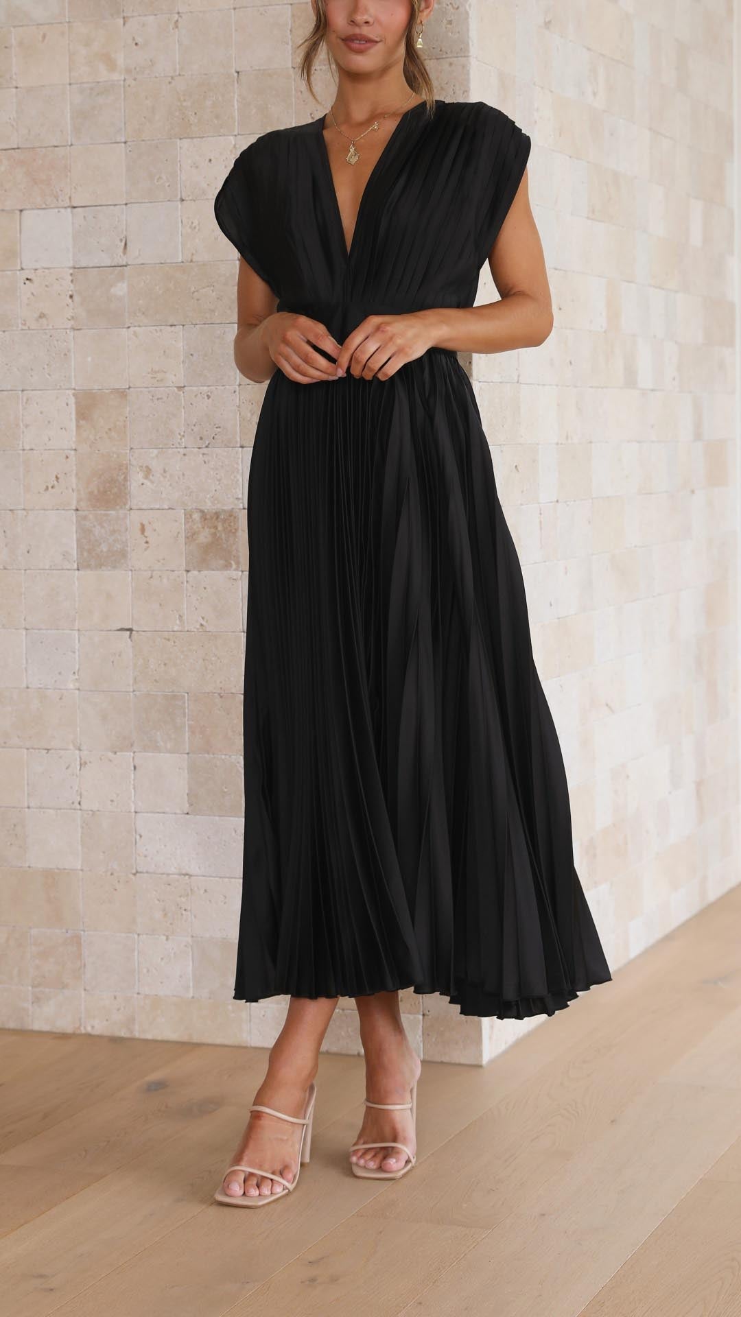 Olivia | Damen Elegantes Midikleid mit tiefem V-Ausschnitt und Falten