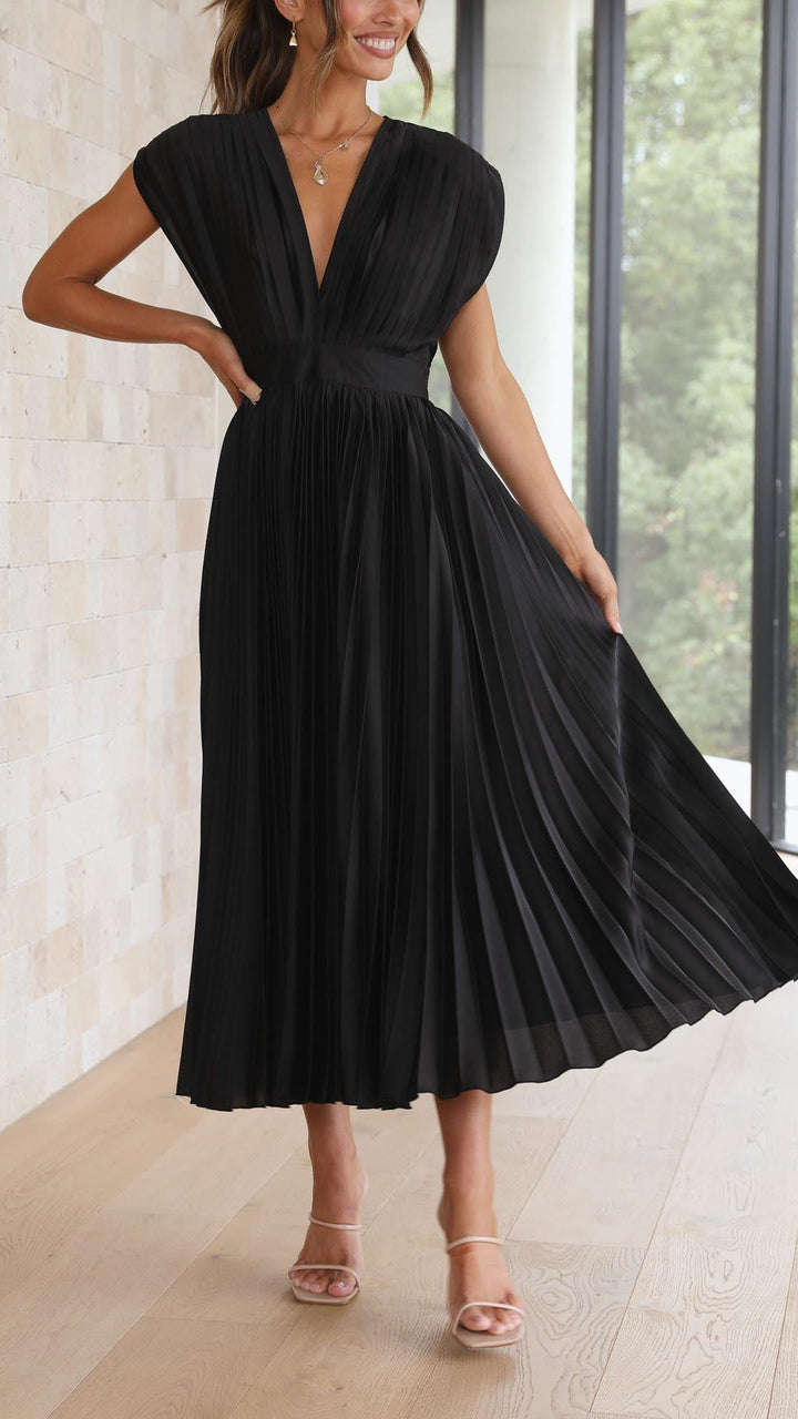 Olivia | Damen Elegantes Midikleid mit tiefem V-Ausschnitt und Falten