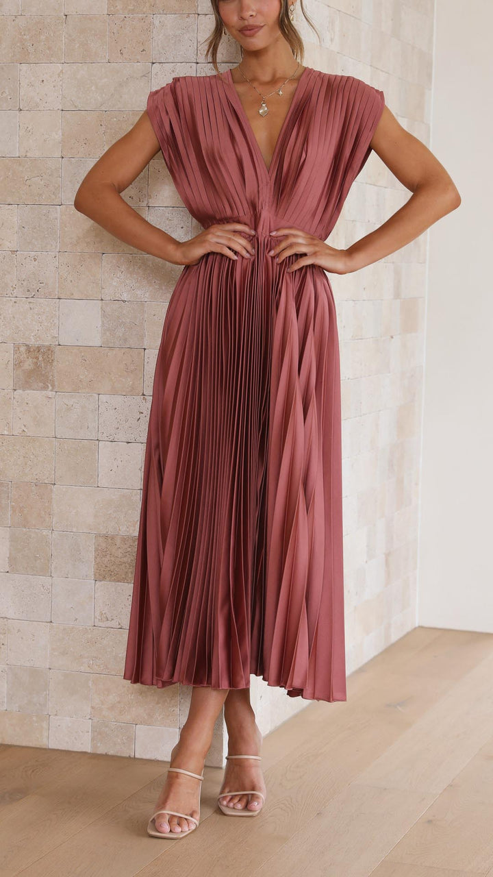 Olivia | Damen Elegantes Midikleid mit tiefem V-Ausschnitt und Falten