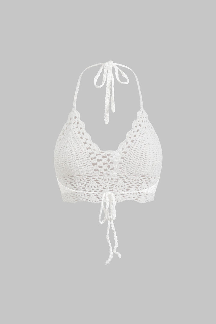 Nora | Witte Handgehaakte Boho-Crop-Top met Halter en Verstelbare Bindbanden