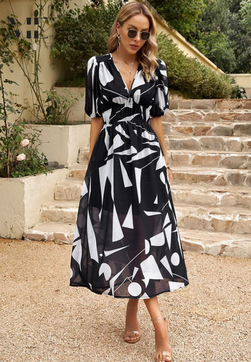Jenna | Damen Buntes Blumen V-Ausschnitt Midikleid