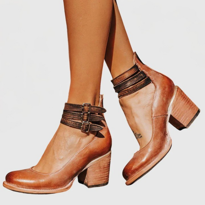 Bonnie | Damen Schnallenverschluss Knöchelriemen Stiefeletten mit Blockabsatz