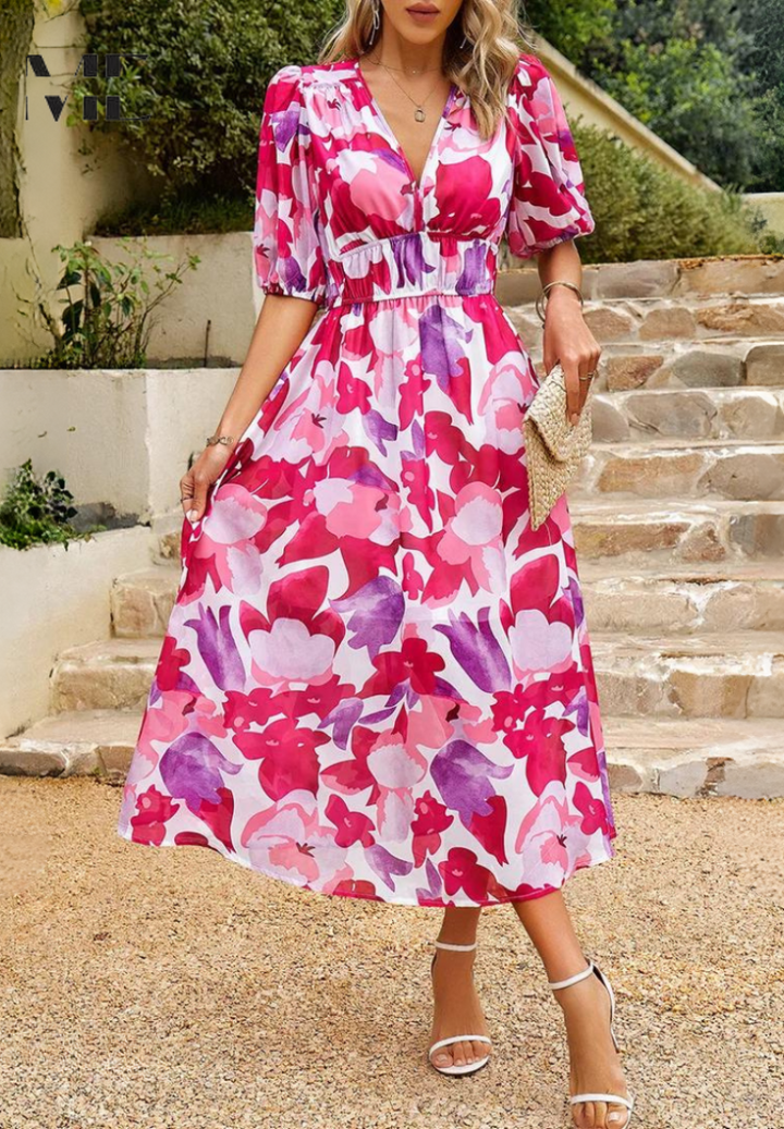 Jenna | Damen Buntes Blumen V-Ausschnitt Midikleid