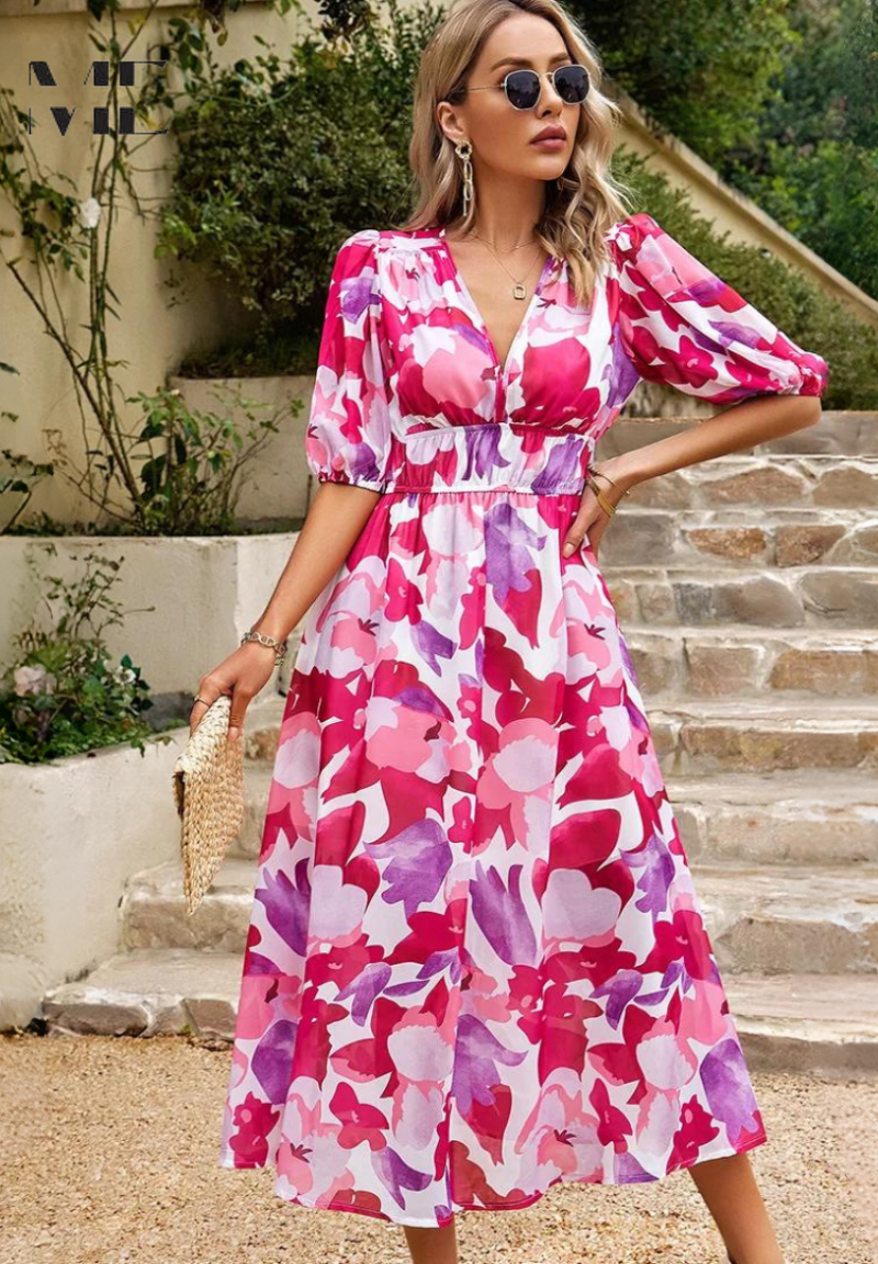 Jenna | Damen Buntes Blumen V-Ausschnitt Midikleid