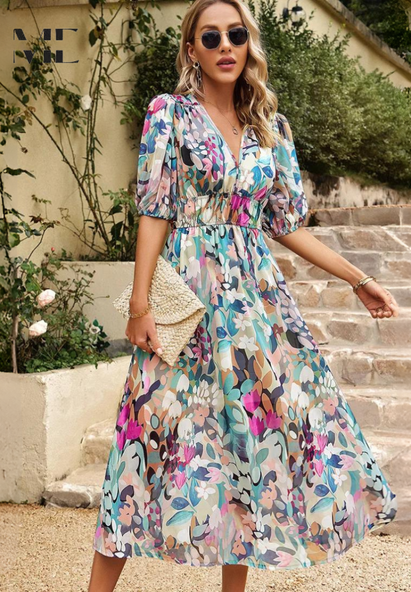 Jenna | Damen Buntes Blumen V-Ausschnitt Midikleid