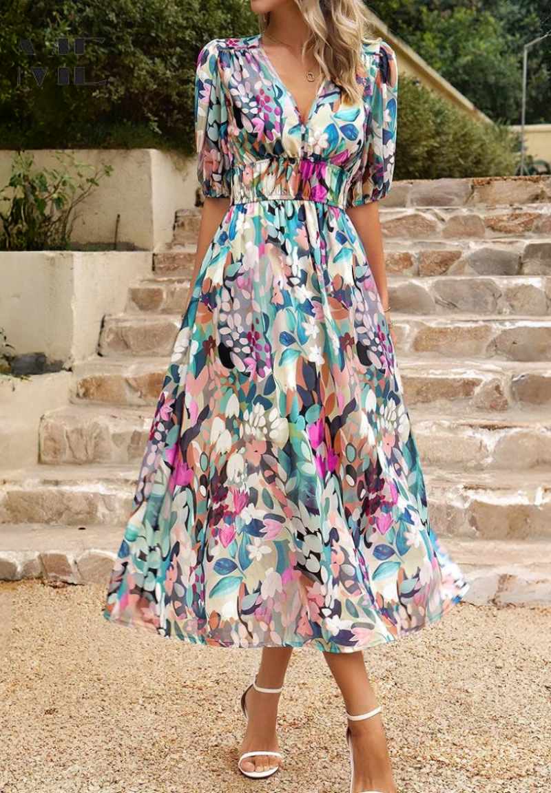 Jenna | Damen Buntes Blumen V-Ausschnitt Midikleid