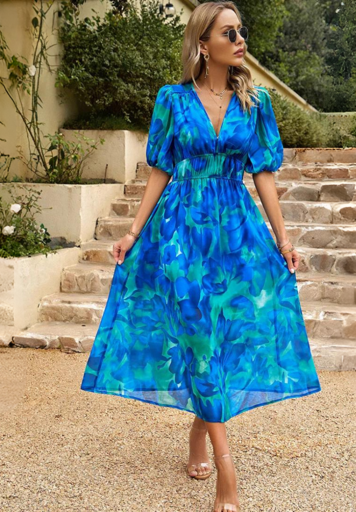 Jenna | Damen Buntes Blumen V-Ausschnitt Midikleid