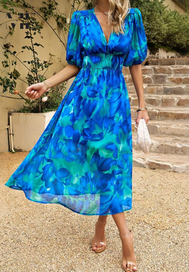 Jenna | Damen Buntes Blumen V-Ausschnitt Midikleid