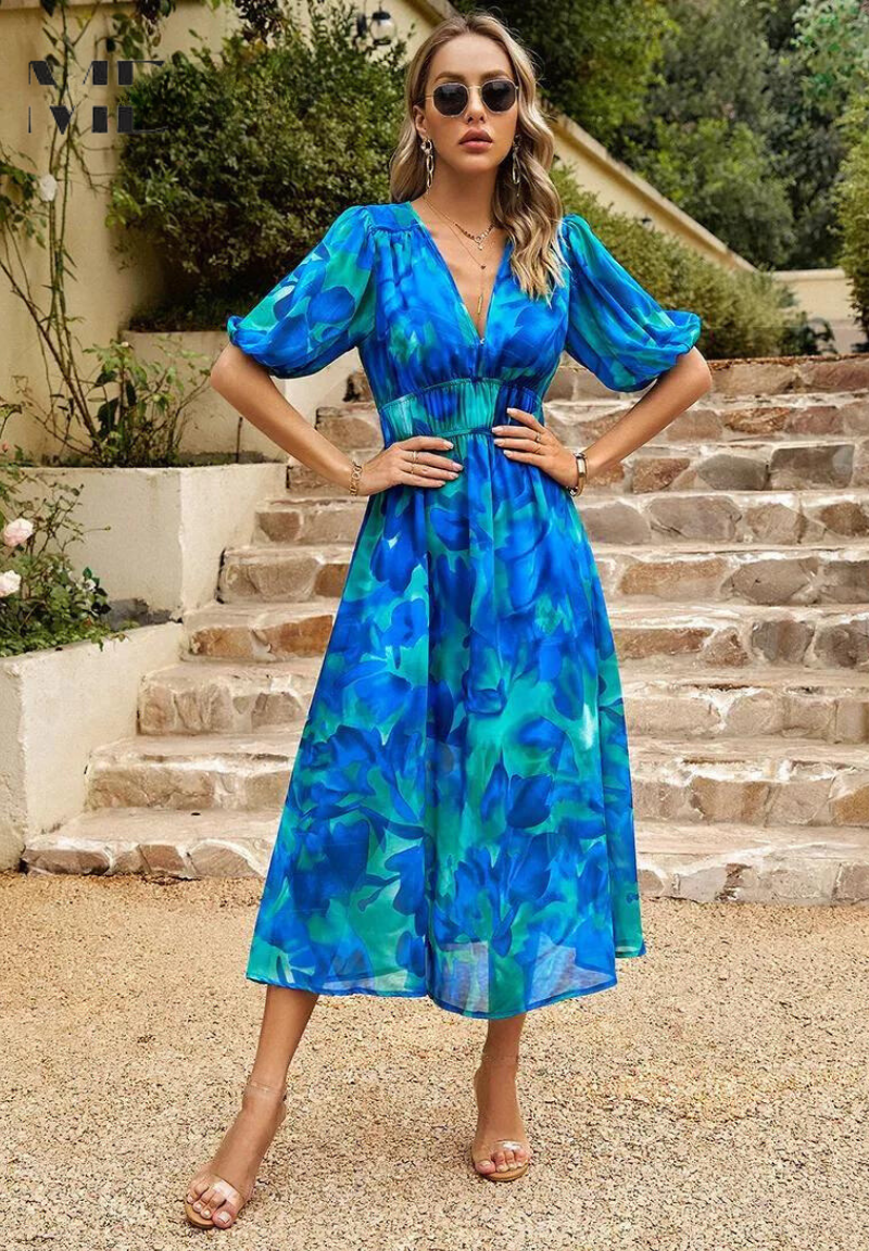 Jenna | Damen Buntes Blumen V-Ausschnitt Midikleid