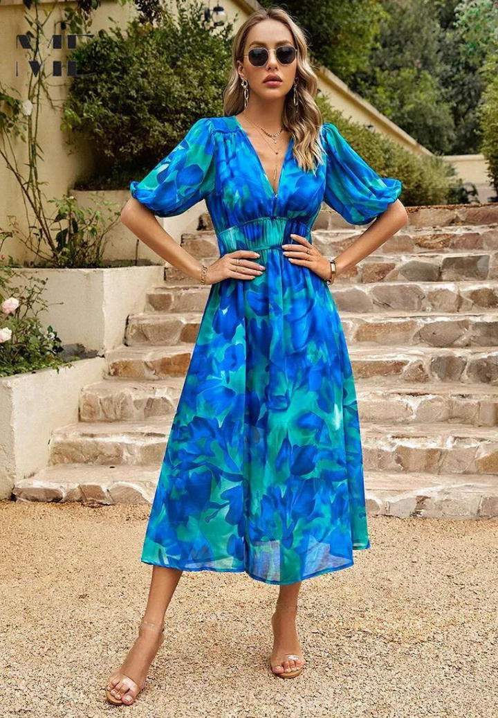 Jenna | Damen Buntes Blumen V-Ausschnitt Midikleid