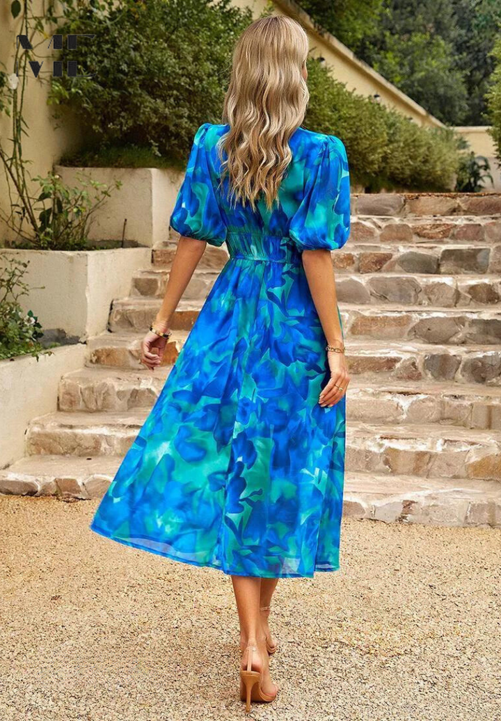 Jenna | Damen Buntes Blumen V-Ausschnitt Midikleid
