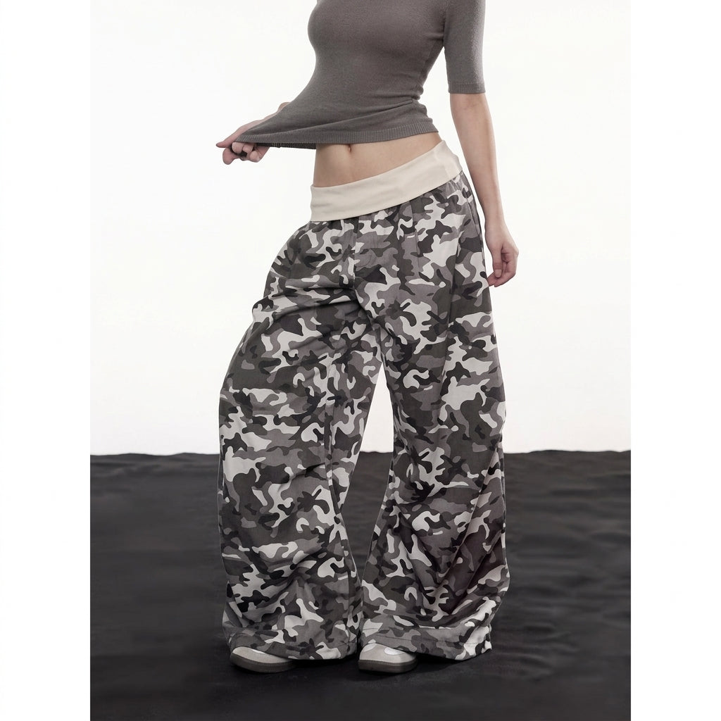 Fleur | Dames Wijde Camo Cargo Pants met Rhinestones Trekkoord