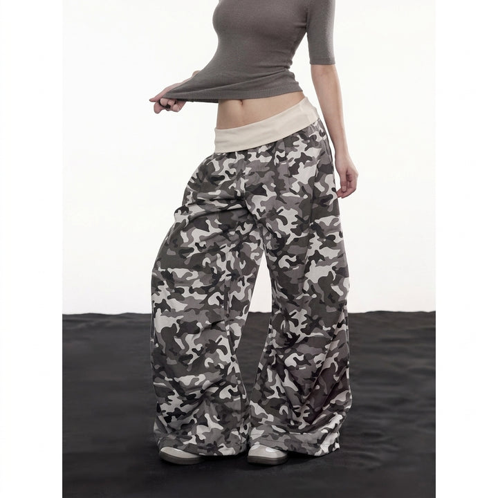 Fleur | Dames Wijde Camo Cargo Pants met Rhinestones Trekkoord